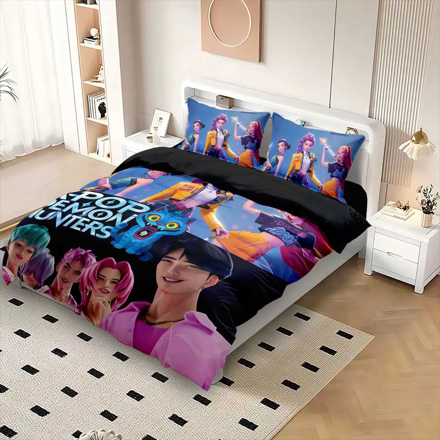 K-Pop Bedding Set Demon Hunters Themed pink or Black other side Print Polyester Student Dormitory Duvet Cover Boys Girls Gift Z251111