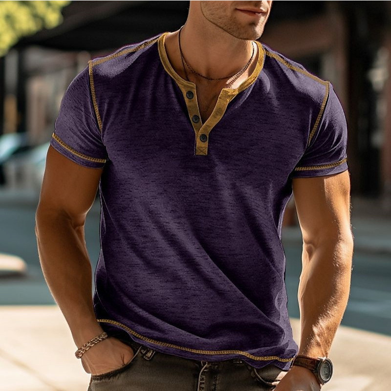 Mens summer stand up collar color blocked short sleeved T-shirt button collar casual top breathable fashionable and casual