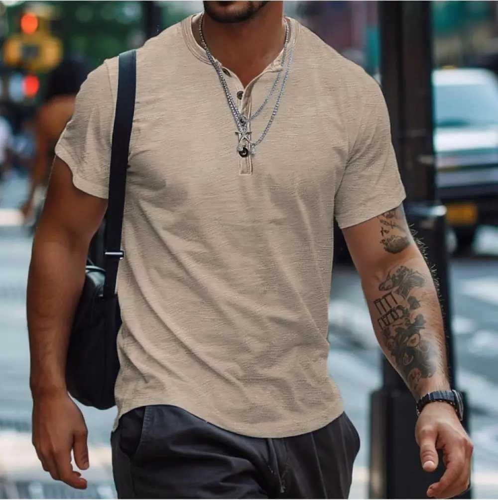 Mens short sleeved polo shirt with tight buttons skin friendly Henry collar sports T-shirt casual solid color fashionable mens clothing W250414