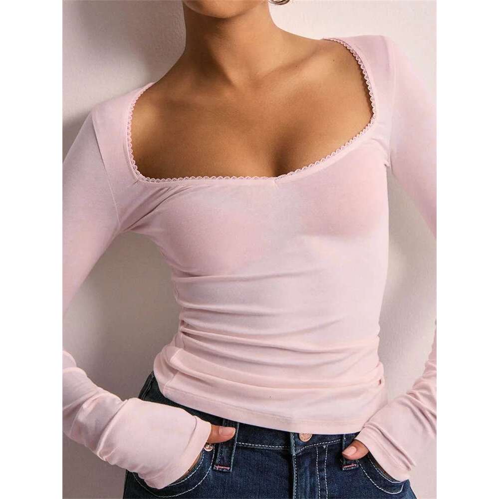 CHRONSTYLE Women T-shirts Long Sleeve Low-cut Lace Trim Solid Color Slim Fit Ladies Spring Fall Tops Streetwear Tees Shirts