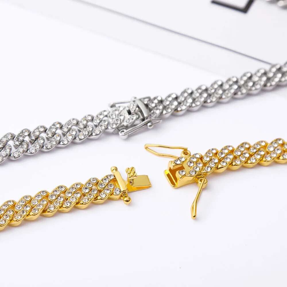 Hip Hop Men Women 9MM Prong Cuban Link Chain Necklace Bling Iced Out 2 Row Rhinestone Paved Miami Rhombus Cuban Necklace Jewelry