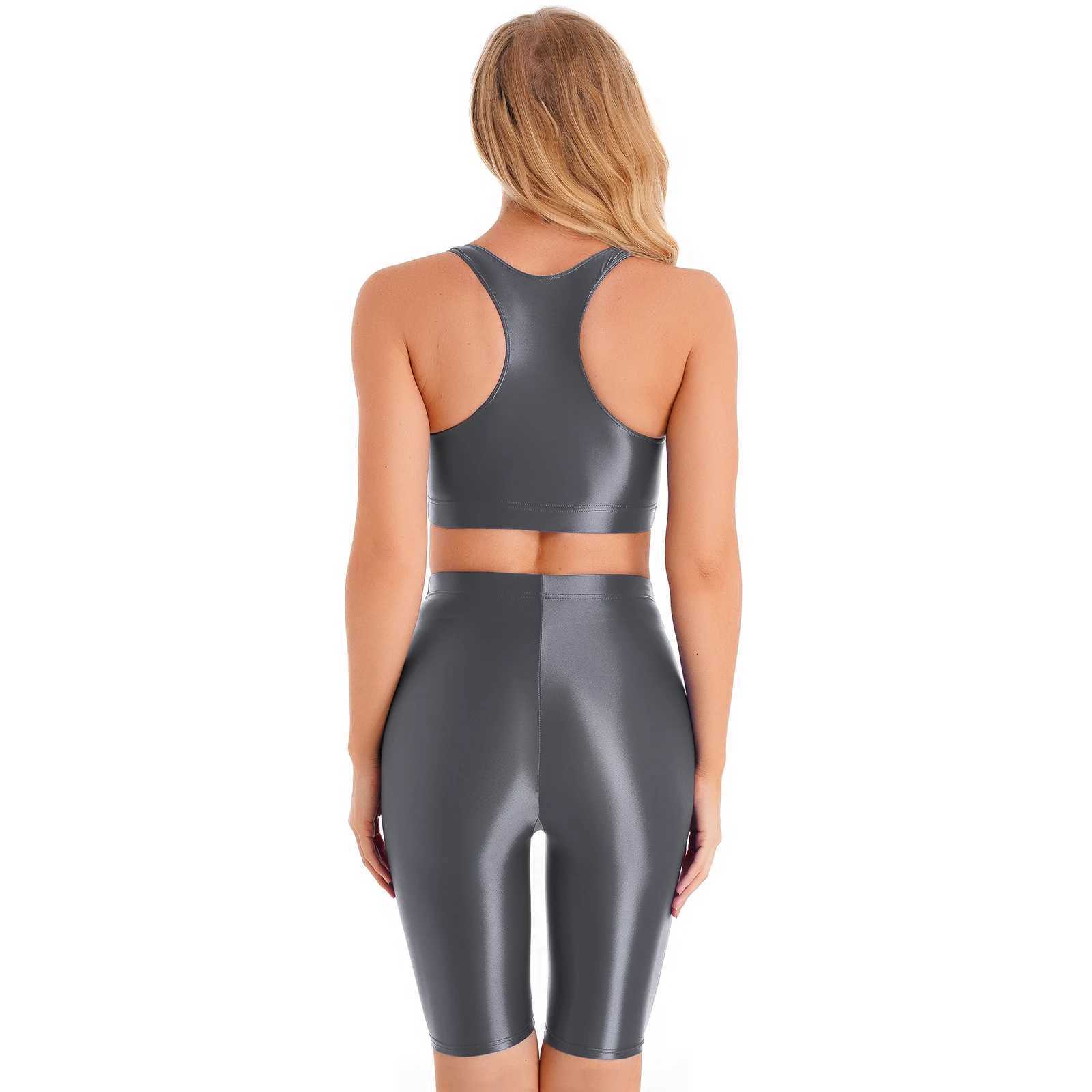 Womens Gymnastics Swimsuit Swimwear Two-piece Rave Outfit Sportwear Glossy U Neck Sleeveless Crop Tank Top High Waist ShortsW251113
