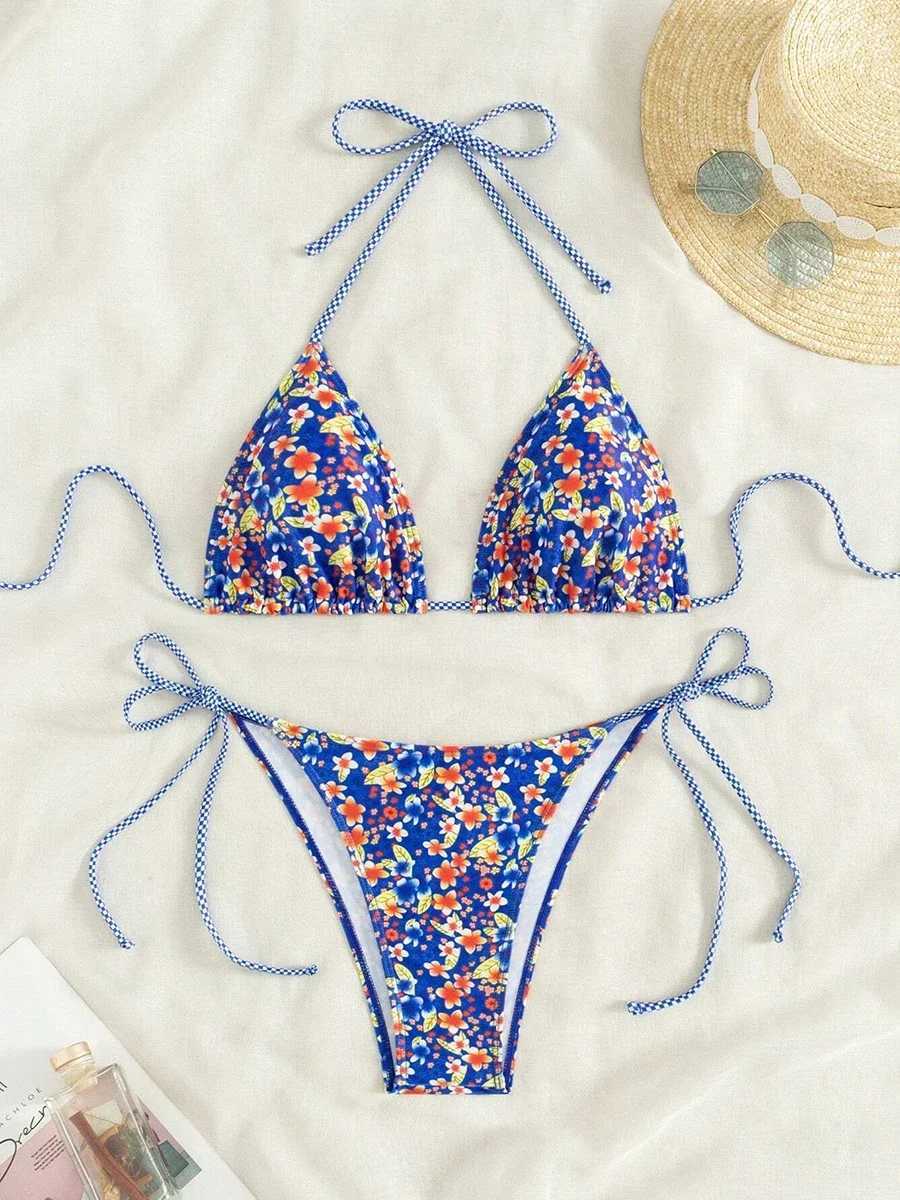 Swimsuit 2025 Female Micro Bikini Women Swimwear Summer Beachwear Womens Bathing Suit Floral Print Neck Halter Thong Bikini SetW251113