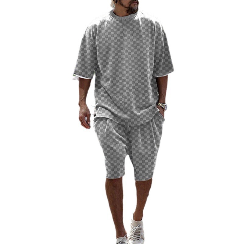 2025 Summer Towel Grid Jacquard Loose Large Straight Tube Casual Set for Sports Men's Wear