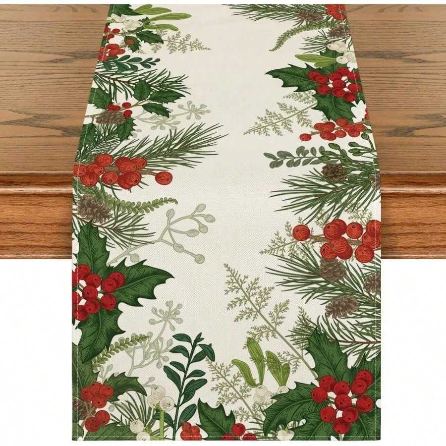 Christmas 1 Christmas Holly Pine Cone Table Runner Festive Greenery Red Berry Print for Holiday Dining Table Decor Cheerful for Christmas Y251113