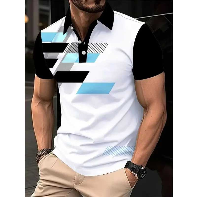 3D printed color geometric polo shirt mens color block graphic short sleeved T-shirt casual button top loose polo shirt W250414
