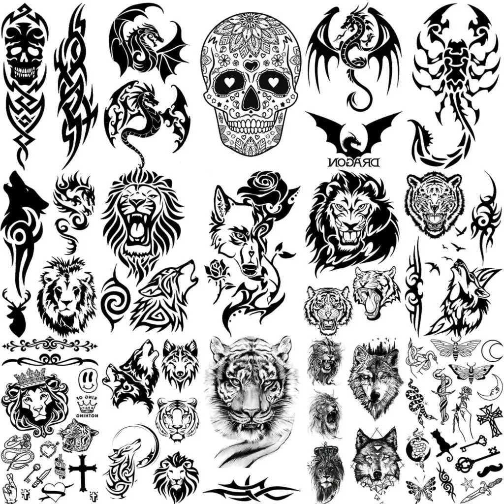 Wolf Flower Temporary Tattoos for Women Adult Men Kids Lion Tiger Dragon Scorpion Thorns Skull False Tattoo Neck Small TattooXJ25414