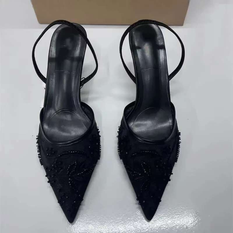 2025 New Black Woman Embroidered Mesh Open Heel Shoes Fashion Print Stiletto Women High-heel Pumps Sexy Pointed End Sandals