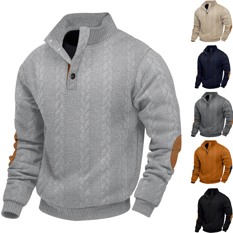 American Spring and Autumn Jacquard Men's Button Stand Collar Patch Henry Long Sleeve Casual Hoodie for Men