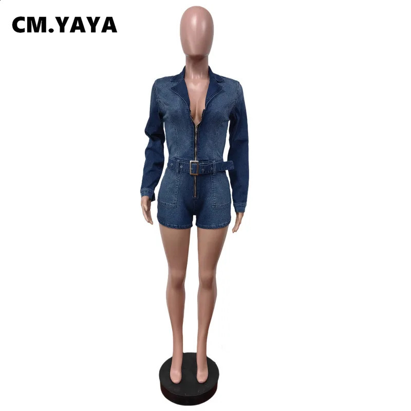 CMYAYA 2025 Womens Vneck Long sleeved Leather Strap Denim Short jumpsuit Summer Street Party Jeans 250411