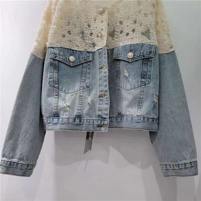 DEAT Women's Denim Coat Patchwork Lace Pearls Elegant Single Breasted Broken Holes Jackets 2025 Summer New Fashion 29A797