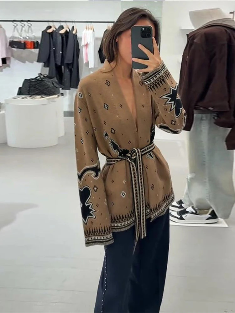Bohemian Print Coats For Women Knit Cardigan Jackets Vneck Belt Tops Long Sleeve Fashion Outwear Daily Casual Autumn Wear 251113 - view 4