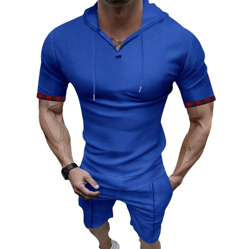 2025 Summer New Men's Waffle Hooded Short sleeved Shorts Casual Sports Set for Men