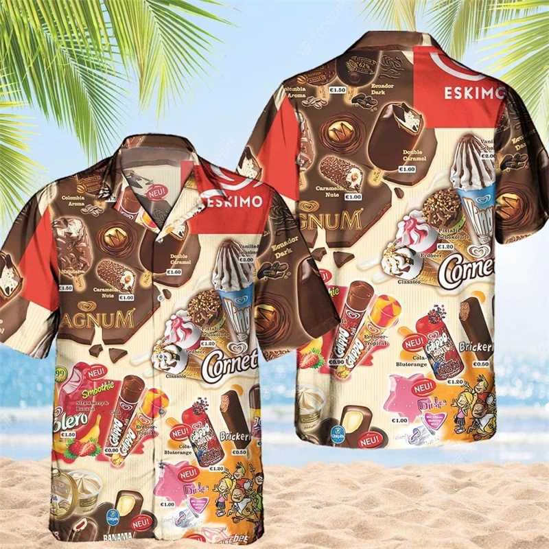 Retro 80s and 90s clothing 3D printing fashion cool ice cream shirt beach party top short sleeved summer mens shirt mens top W250414