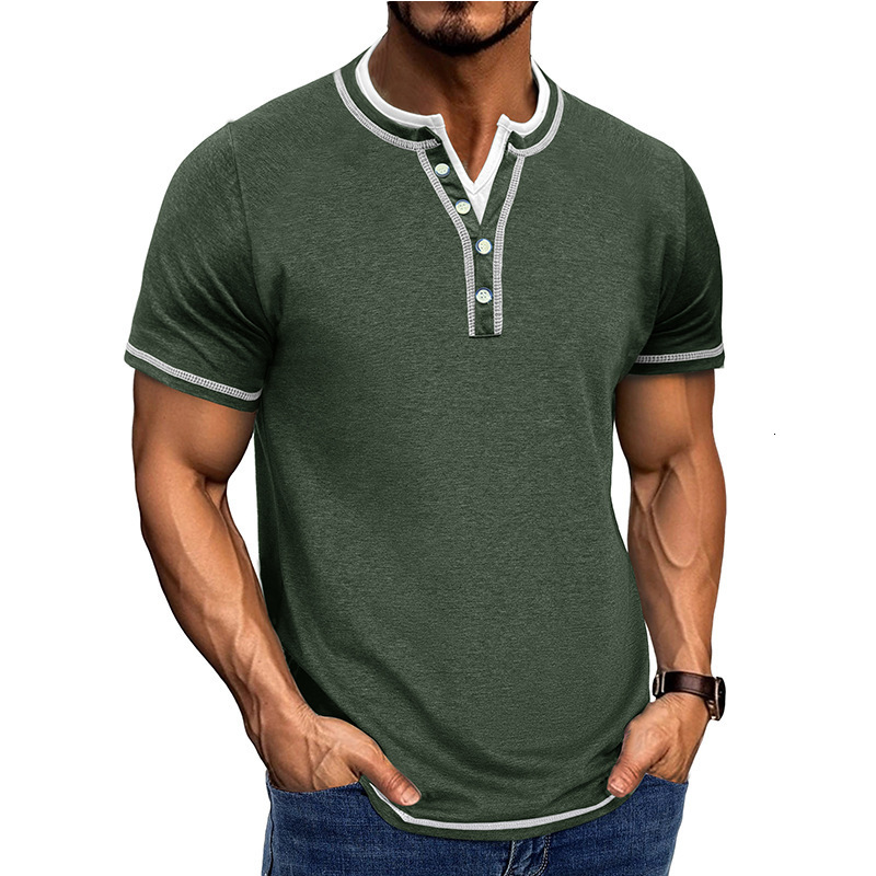 New mens short sleeved color blocked fake two-piece Henry shirt mens V-neck T-shirt