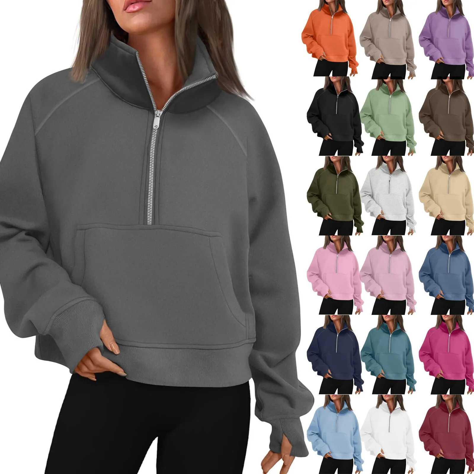 Womens standing collar with wool solid color hooded sweatshirt long sleeved pocket loose half zipper top 250414Z