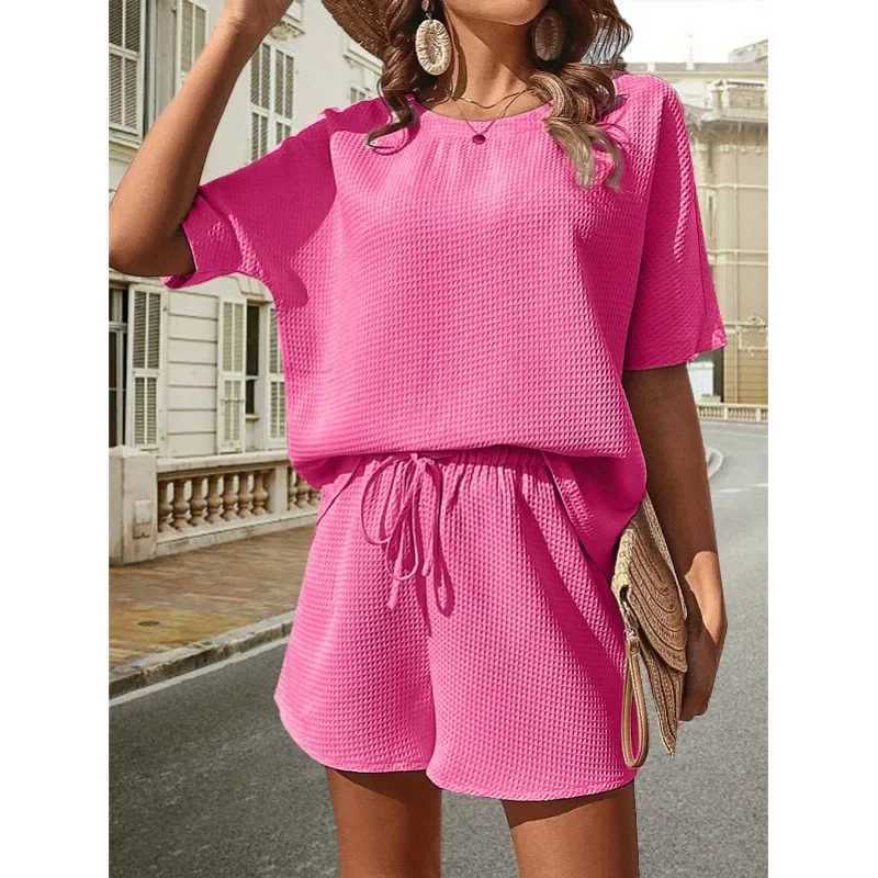 Solid color casual loose womens shorts set 2024 Ele summer womens two-piece set full set Fe setXJ250414