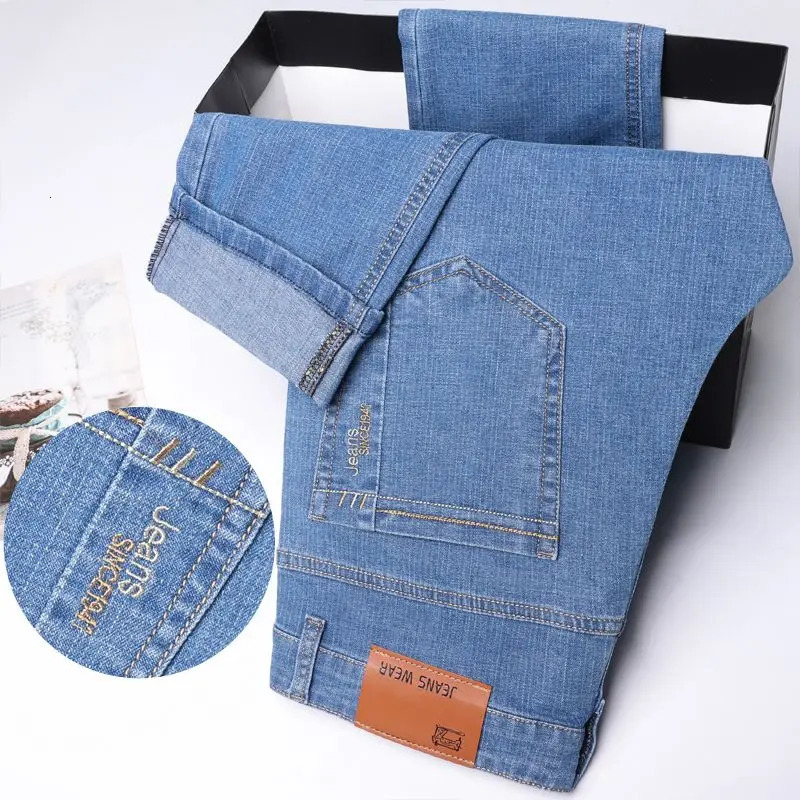 Summer Thin Mens Elastic Cotton Jeans Fashion Blue Comfortable Business Straight Casual Pants Male Clothes Trousers 250414