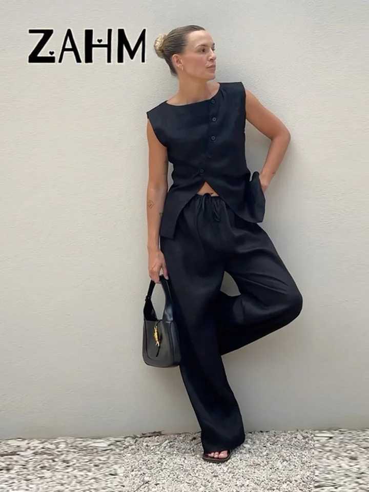 Ele asymmetrical vest pants set womens solid O-neck strapless top Drstring wide leg pants 2025 summer womens new setXJ250414