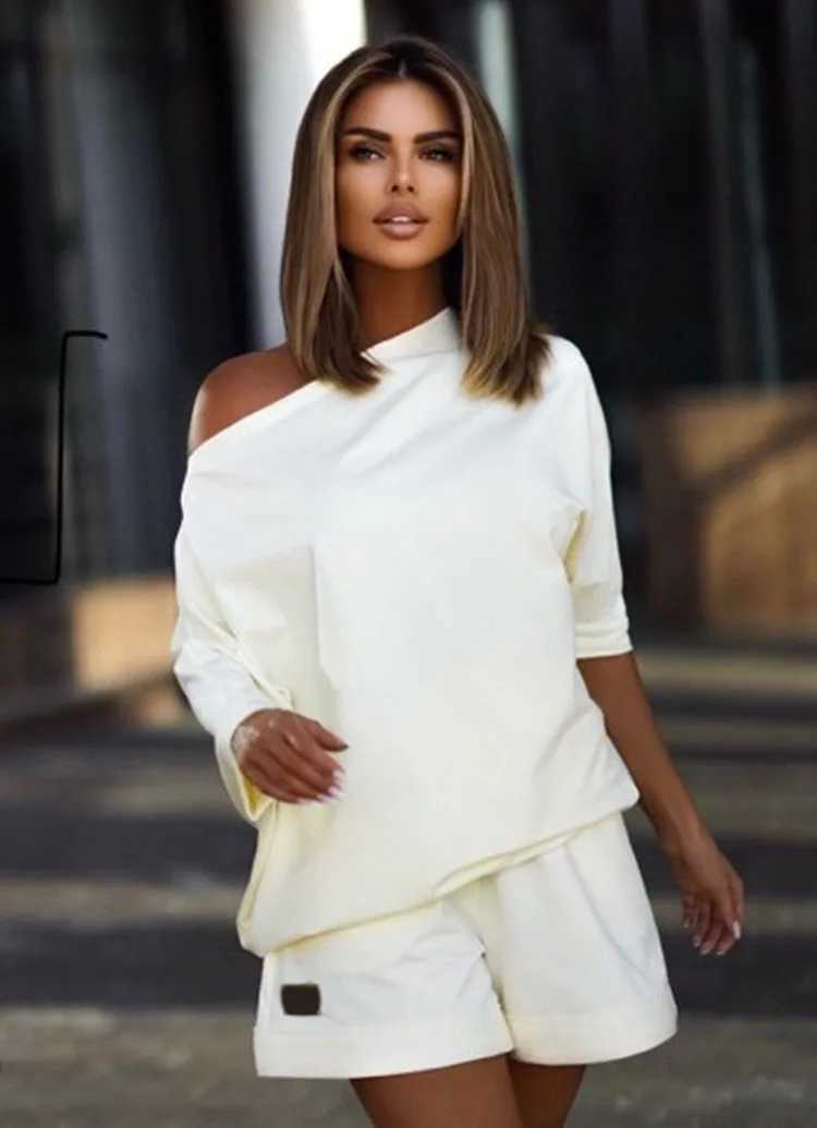 Casual Solid Set Shoulder Slope Collar Irregular Floral Top Elastic Waist Shorts 2-piece Set Summer Womens WearXJ250414