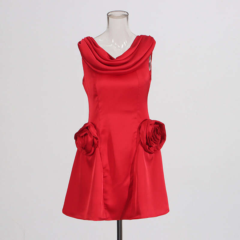 Designer Chic Sleeveless French Skirt with Swing Collar - High Waisted & Three-Dimensional Flowers