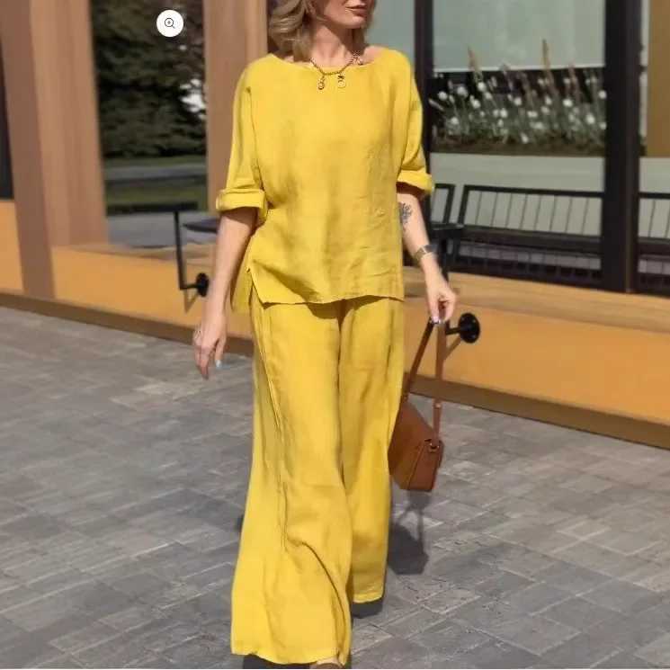 Womens comfortable cotton linen set loose pants two-piece set solid color casual spring and summer new styleXJ250414