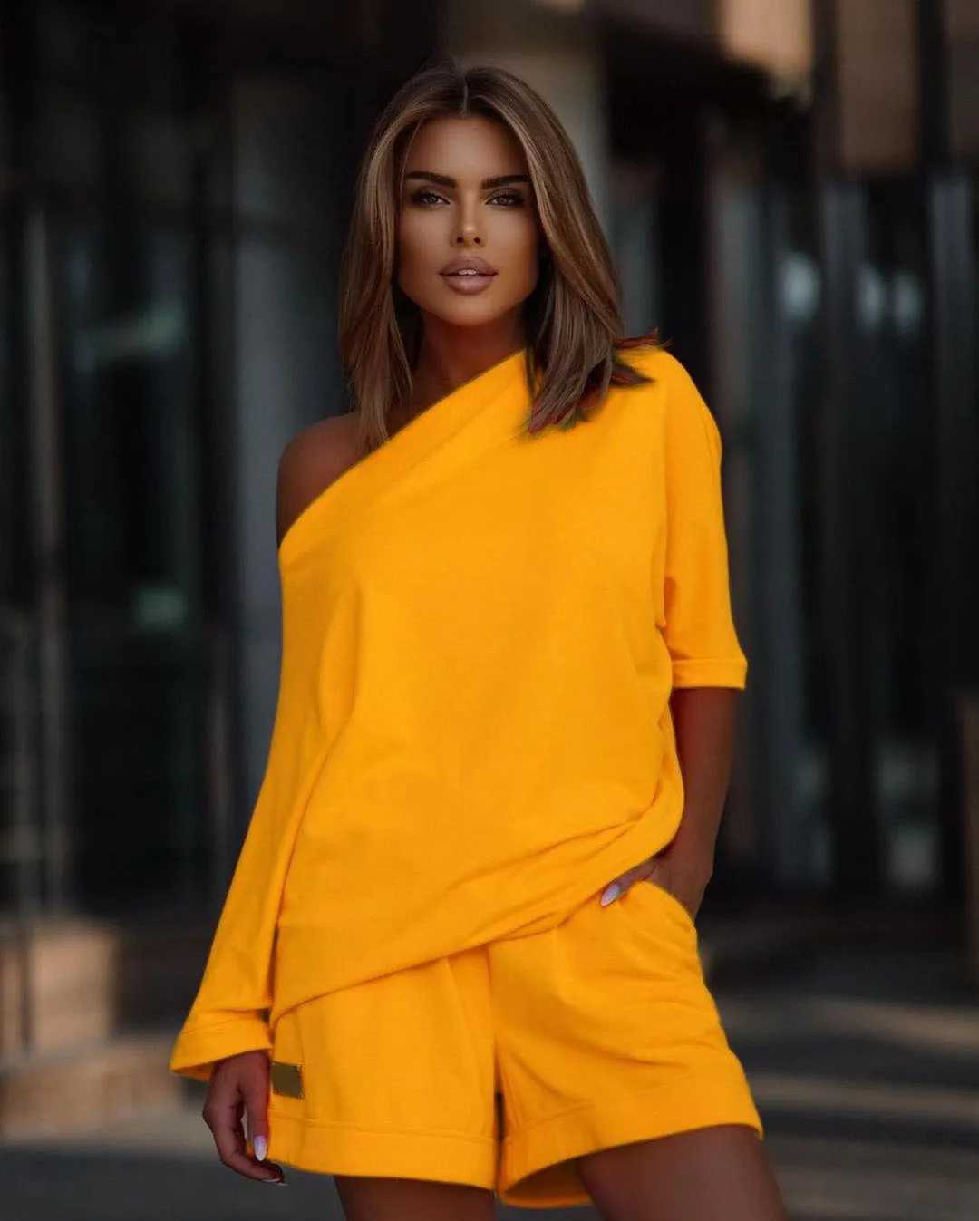 Casual Solid Set Shoulder Slope Collar Irregular Floral Top Elastic Waist Shorts 2-piece Set Summer Womens WearXJ250414