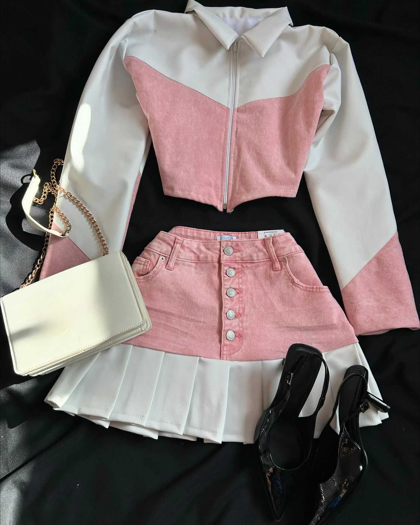 Harajuku New Y2k Two Piece Sets Womens Outifits Pink Leather Denim Splicing Zipper Jacket Skirt Sets Pleated Skirts StreetwearT250321