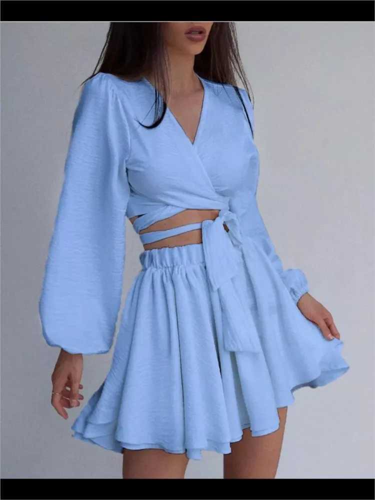 Fashion two-piece womens long Sve sexy V-neck waistband cardigan casual and comfortable fully matched solid color shorts setXJ250414