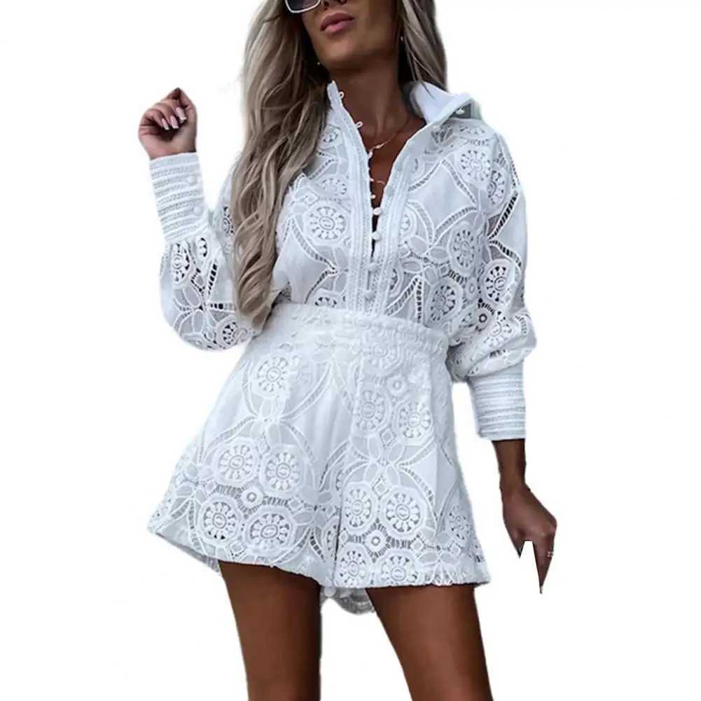 2 pieces/set of womens shirts long Sve single chest high waist embroidered hollow lace shirt wide leg womens shorts setXJ250414