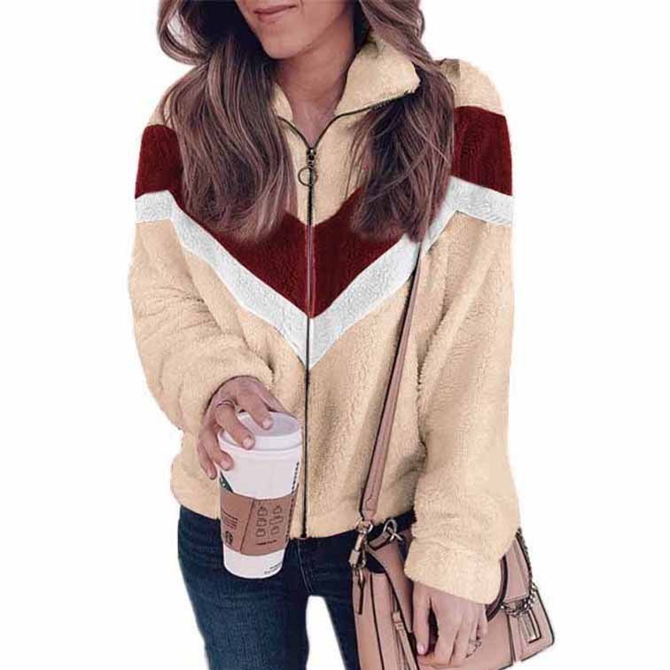 Womens 2021 autumn winter new plush sweater zipper cardigan contrast coat 210414
