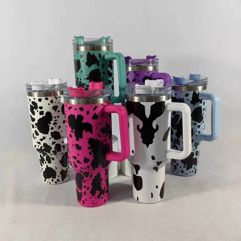 40oz Cow Pattern Thermal Cups with Handle Double Layer Stainl Steel Insulated Water BottleCoffee Cup Travel Portable Car Cups C251114