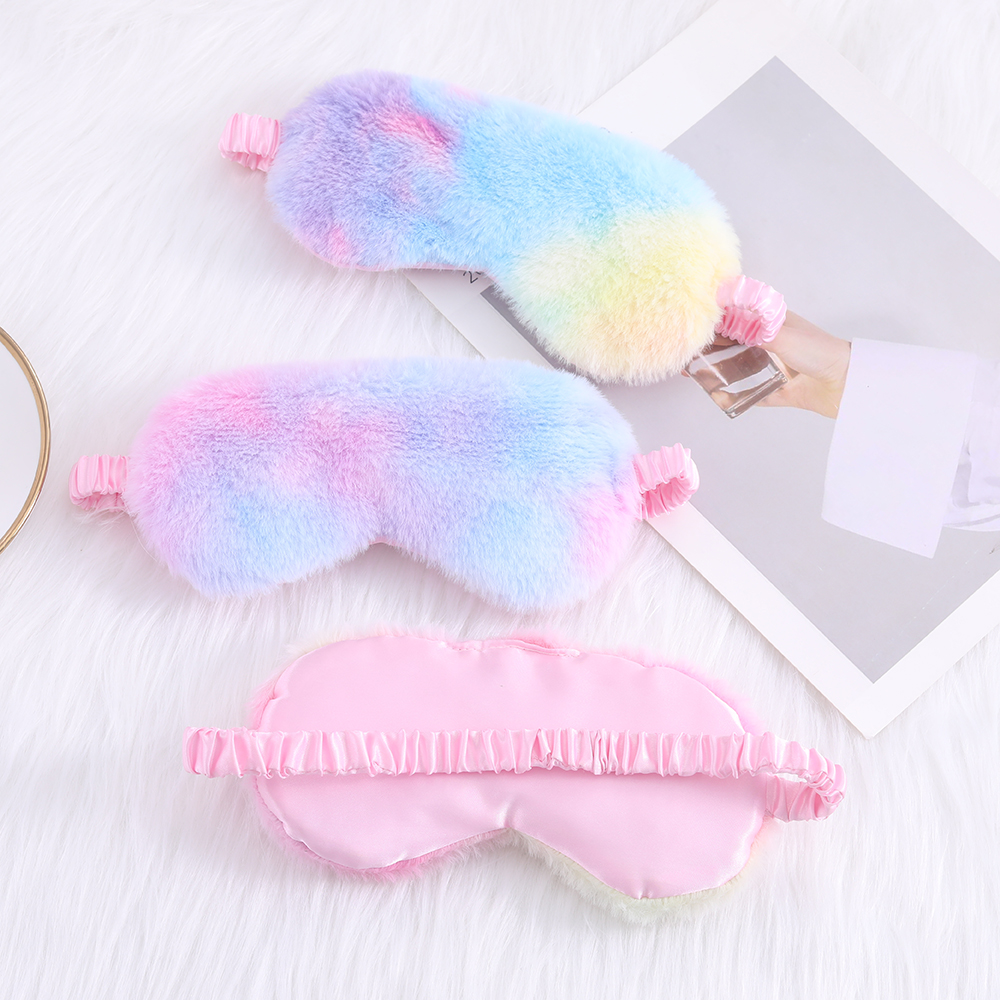Colorful little rabbit plush sleep eye mask with rainbow print, cute cartoon eye mask in stock.