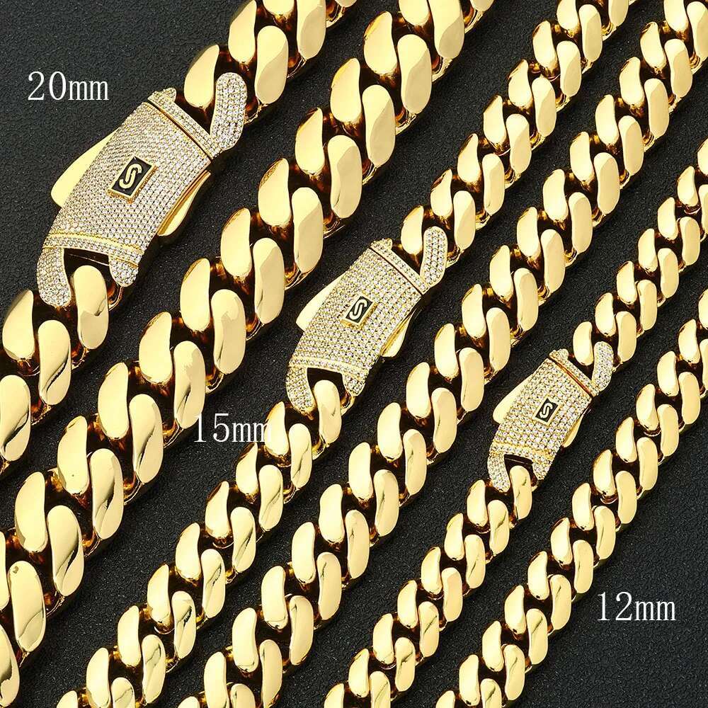 ESKEEM Iced Diamond Clasp Flat 12mm Miami Cuban Link Chain 14K Gold Plated Thick Solid Cuban Link Chain Hip Hop Jewelry for Men