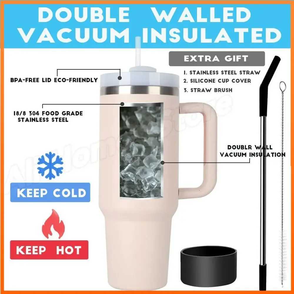 1200ml Travel Water Mug 40oz Thermos Cups with Straw Travel Mug with Handle In-Car Vacuum Car Thermos Coffee Cup Double Layer C251114