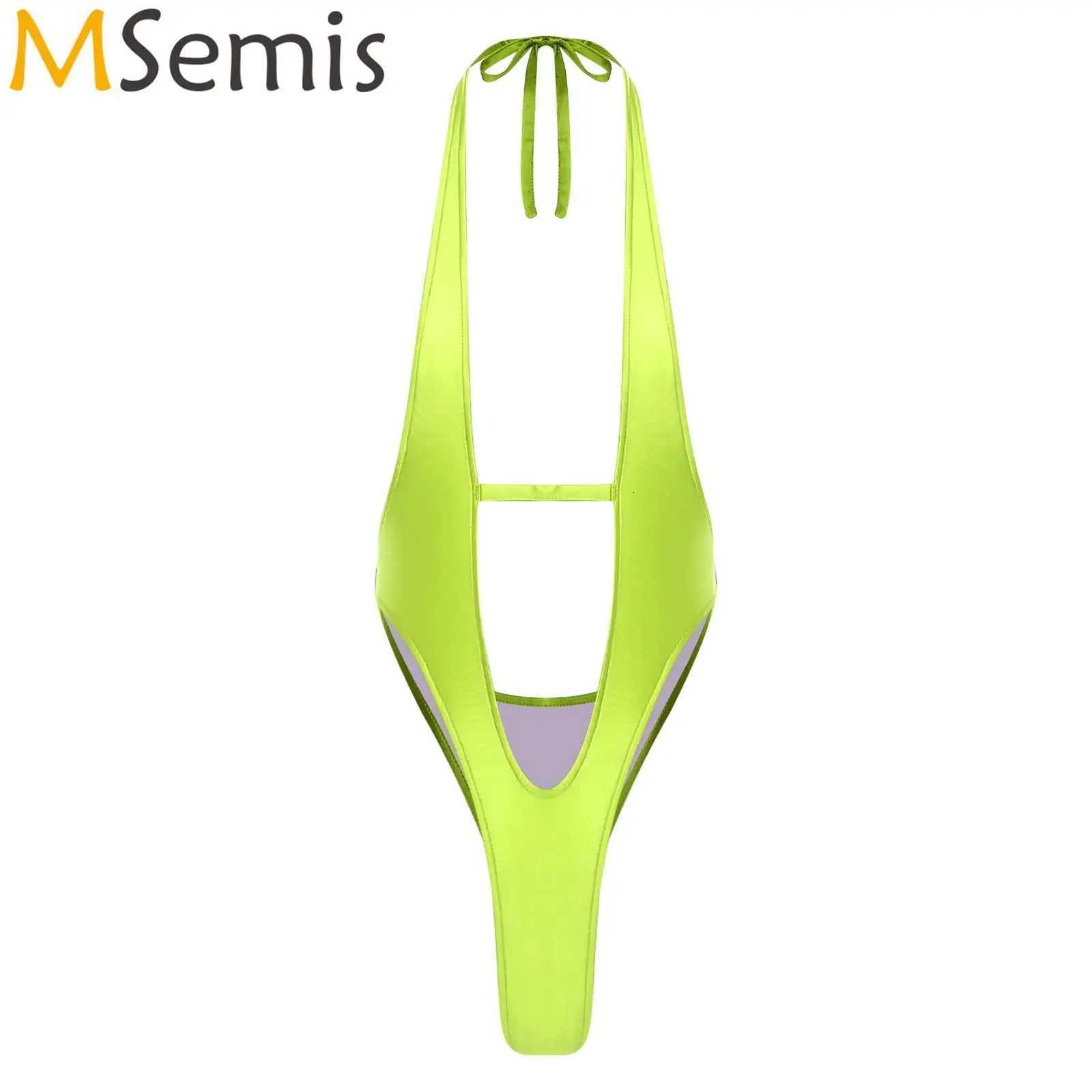 Womens Satin Mankini Swimwear Pool Party Swimsuit Halter Plunging V Neck Backless Sling Shot Bodysuit One Piece Bathing SuitW251113