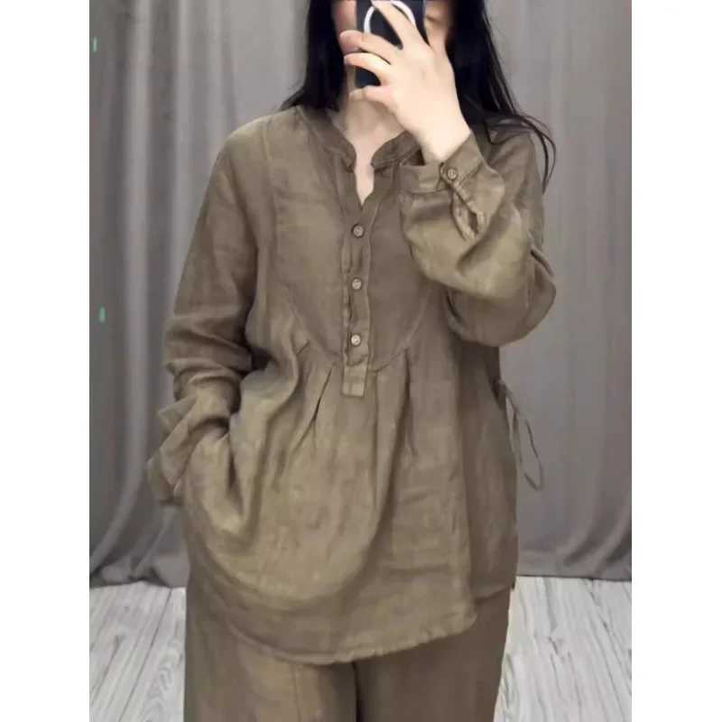 2024 Fashion and Comfortable Sve Cotton Linen Bell Bottom Casual Drstring Autumn Casual Skiing SetXJ250414