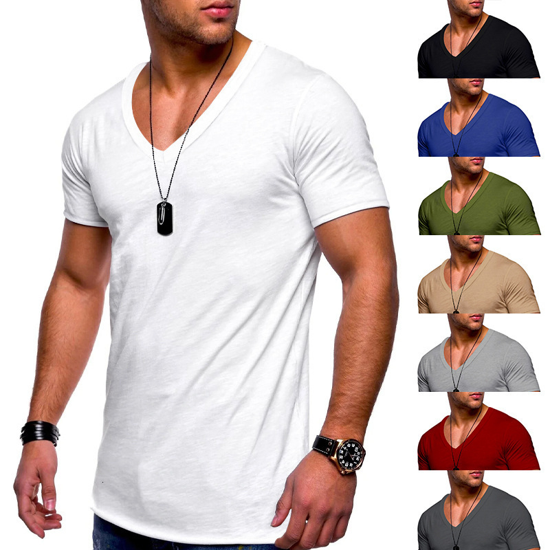 2023 summer mens T-shirt clothing mens V-neck solid color large casual short-sleeved T-shirt