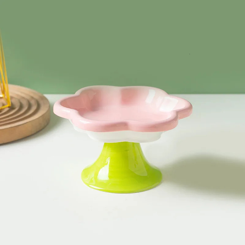 Ceramic cat feeding bowl with floral design lifted cat food bowl with stand water tray snack tray for neck protection 250414