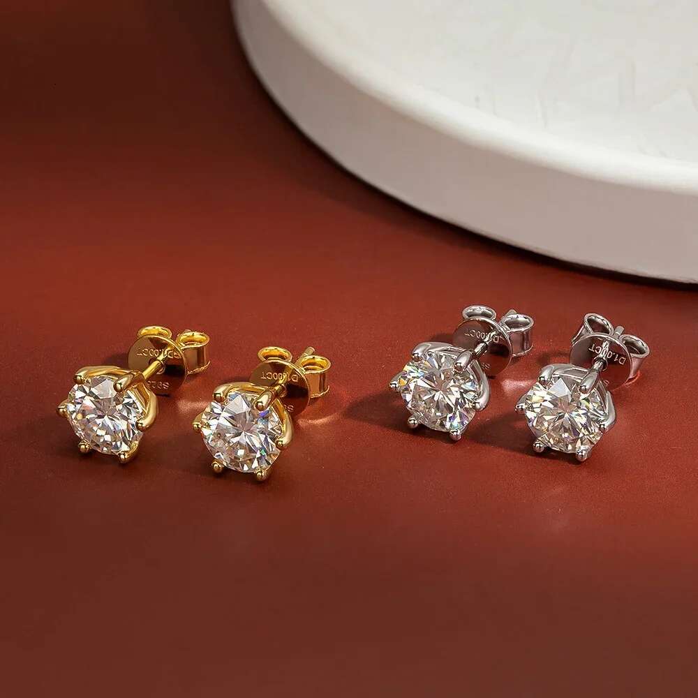 2 Carat Classic Moissanite Stud Earrings 925 Sterling Silver For Women 6-Claw D Color Sparkling Diamond Round Ear Studs with GRA