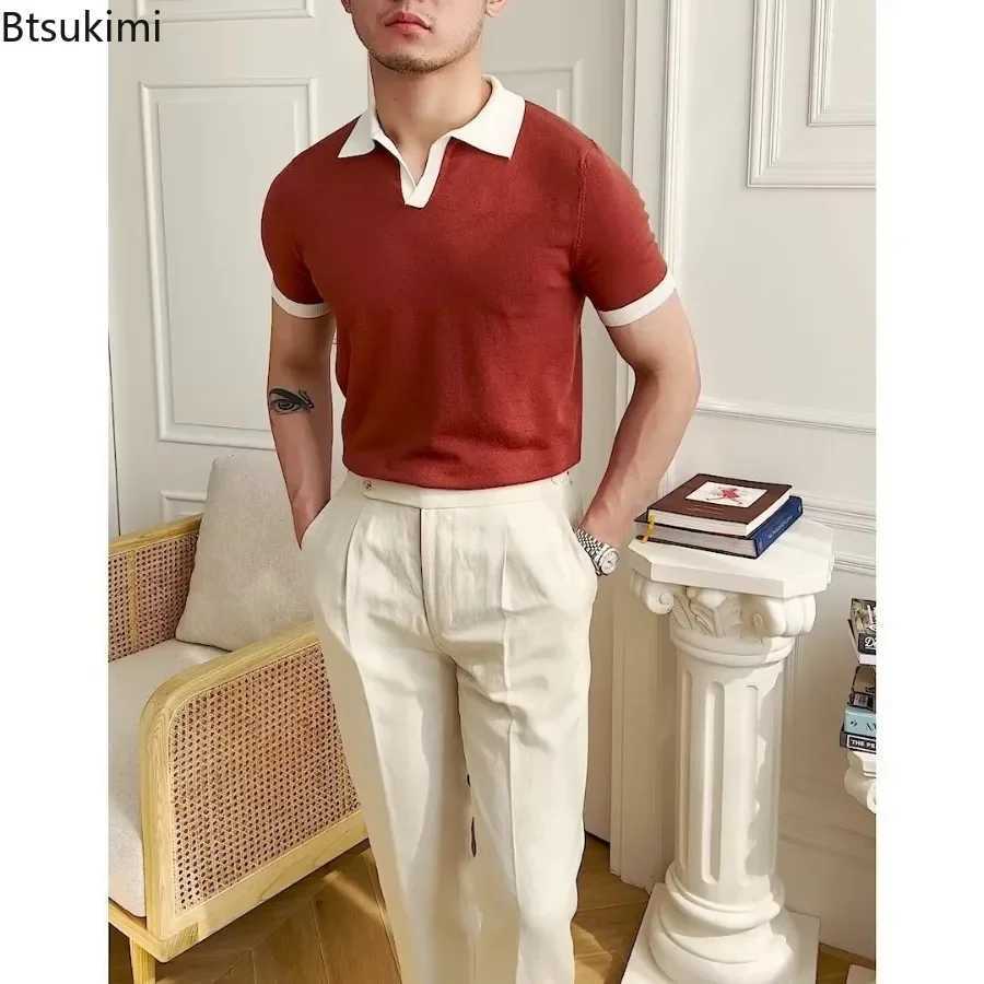 New mens elegant knitted polo shirt casual edition lapel T-shirt summer breathable loose top W250414