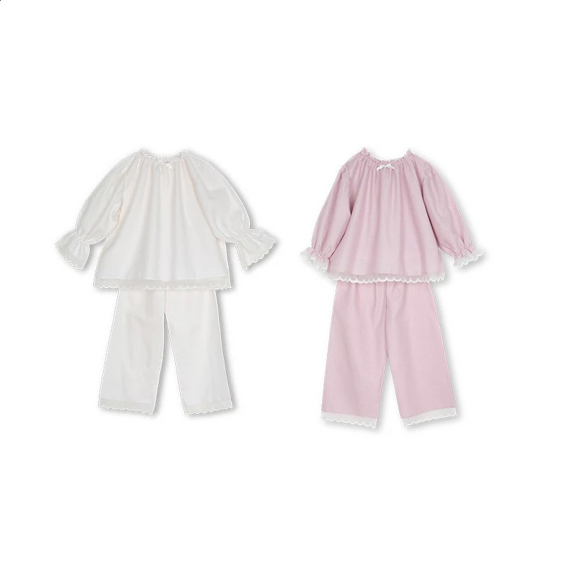 Pajamas Children Girl s Lolita White Princess Pajama Sets Royal Style Tops Pants Vintage Toddler Kid s Bow Pyjamas set Sleep Loungewear 220922