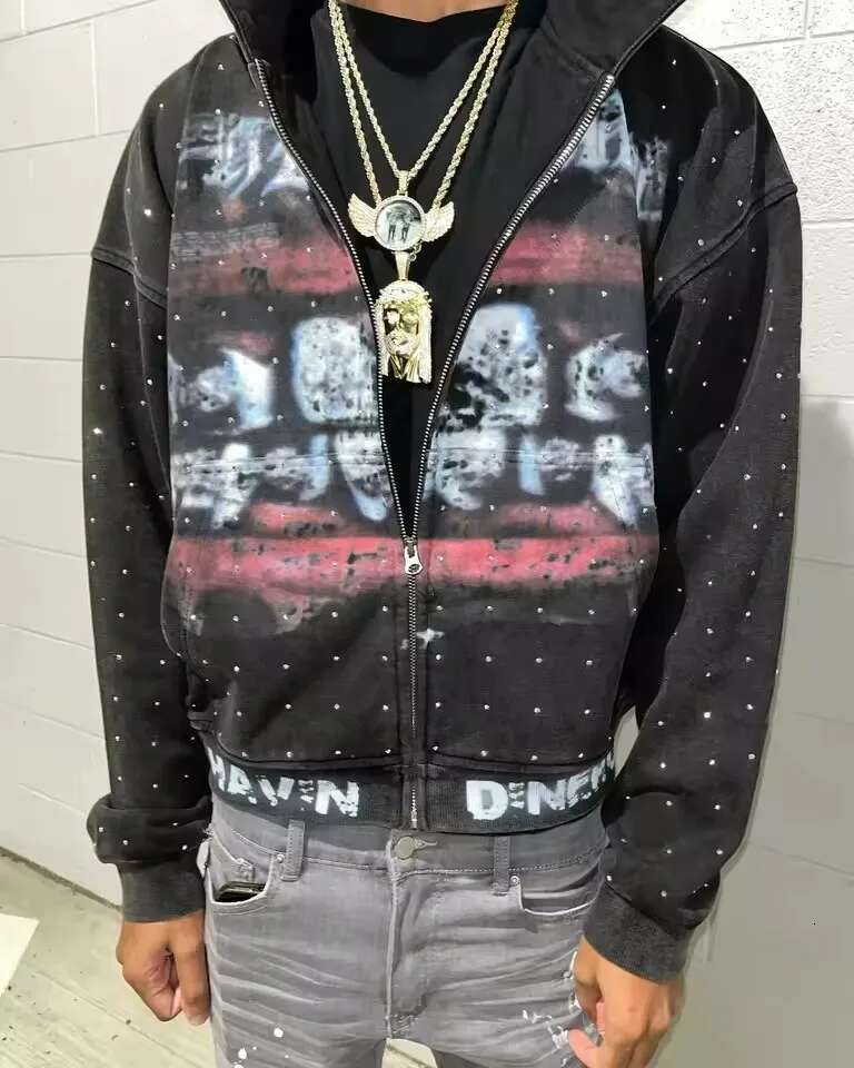 Retro Zipper Y2K Clothes Men Women Gothic Teeth Graphic Rhie Sequins Oversized Hoodies Sweatshirts Casual Jackets