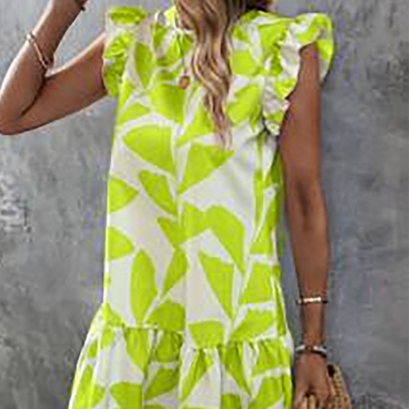 Dress 2025 summer round neck ruffle sleeves A-line skirt loose beach skirt for women