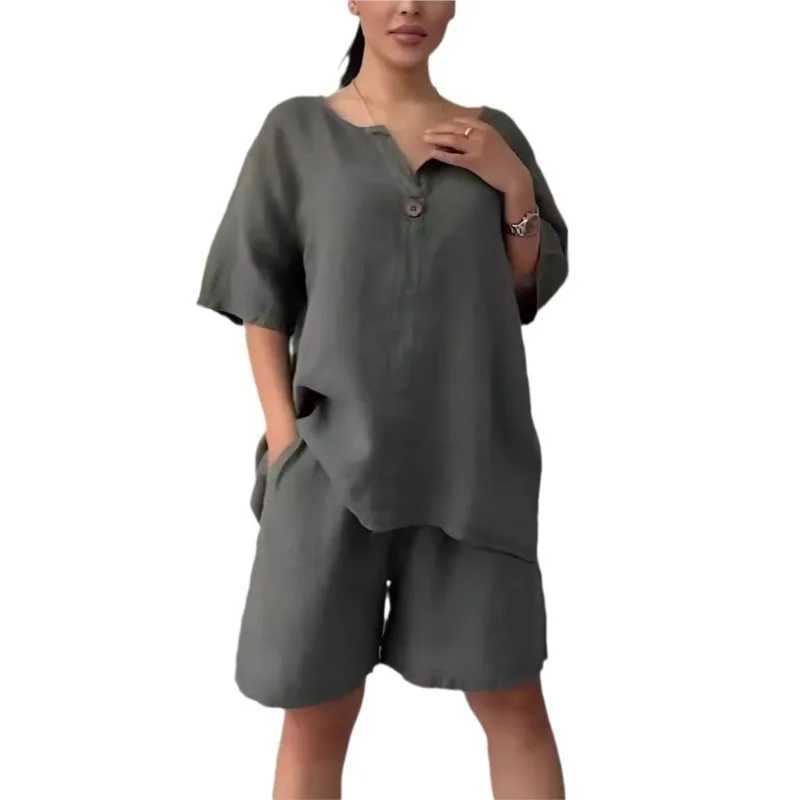 Spring and summer new cotton linen two-piece set for women loose waist V-neck top and shorts set white and pinkXJ250414