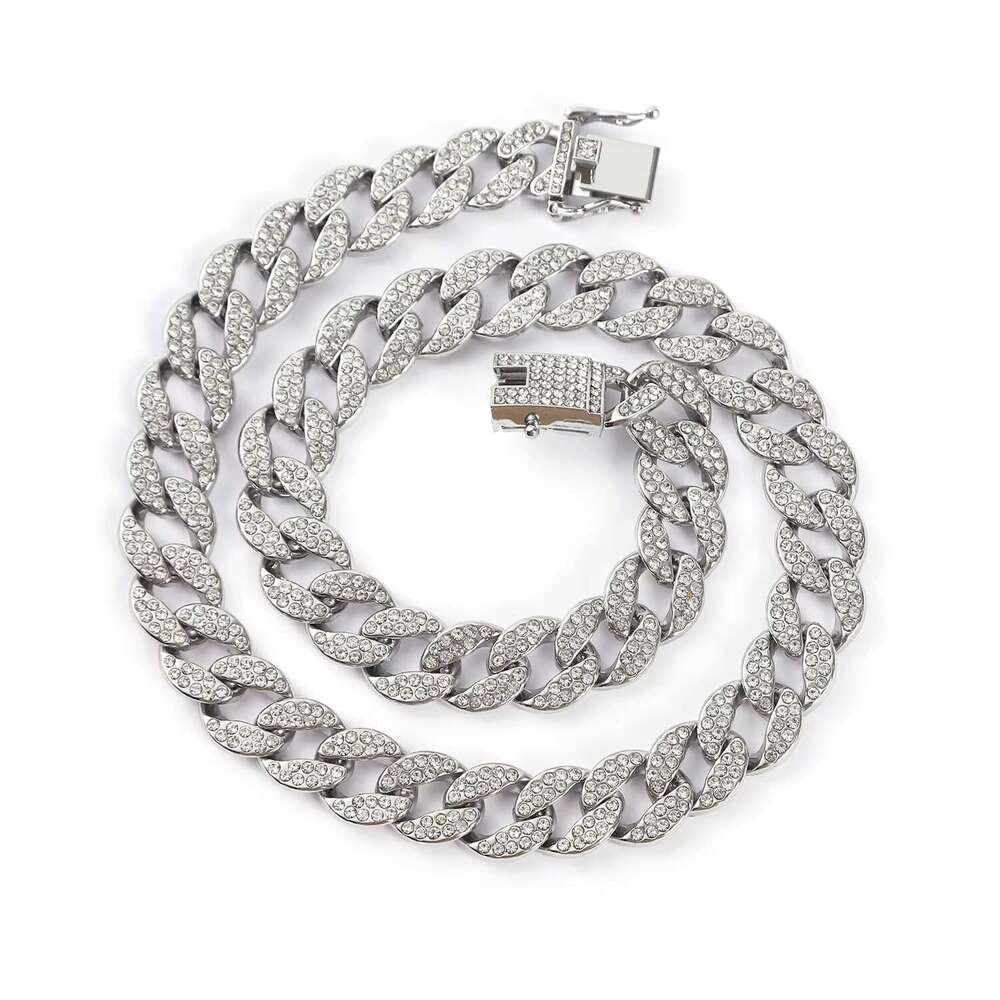 DHcollections Full Dia 15mm Cuban K Chain Necklace Zinc Iced Out Rhies Hiphop Jewelry