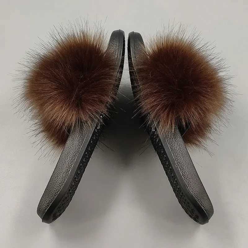 Womens summer casual fluffy slider with fur flat anti slip real fox fur slider large-sized shoes fur sandals W250414