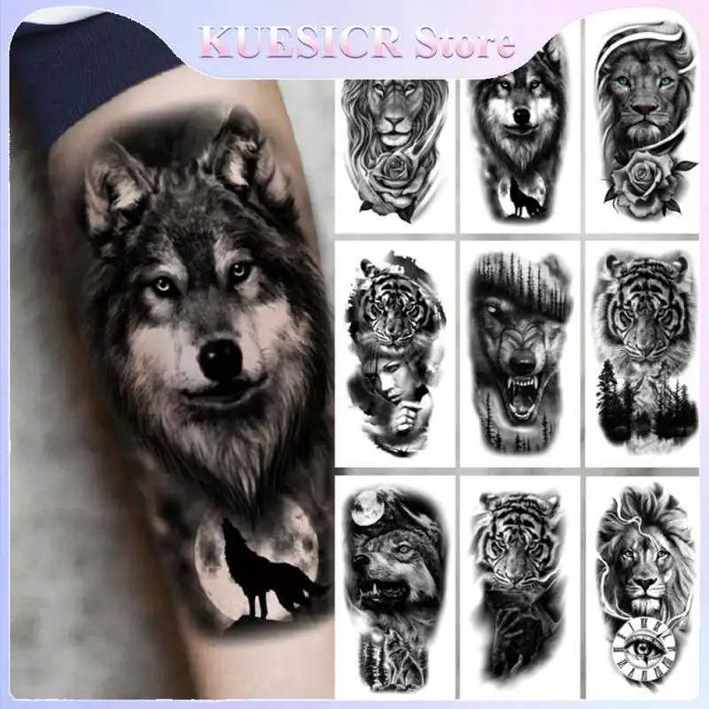 New Half Armed Animal Tattoo Stickers Dominate Lion Tiger Wolf Head Water Transfer Tattoo Stickers Durable and ColorfulXJ25414