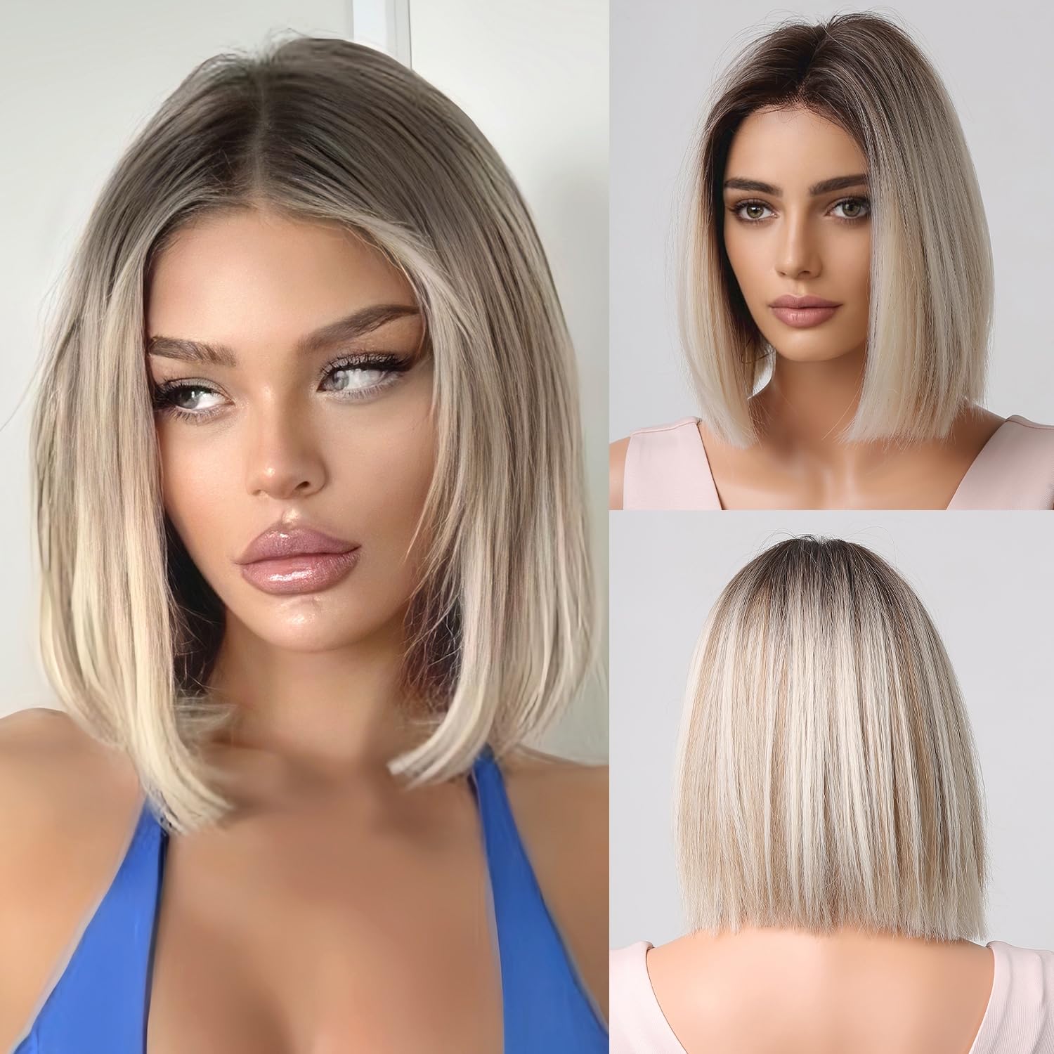 Blonde Highlights Bob Wigs for White Women Short Light Brown Wig Straight Lace Front Wig Natural Hairline Synthetic Heat Resistant Wig for Cosplay 12I