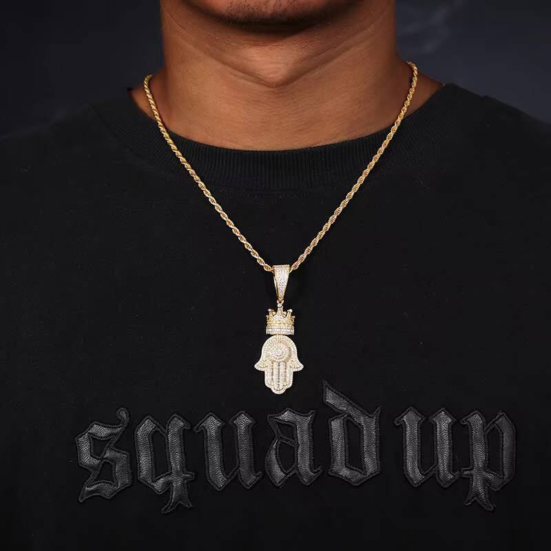 VVS D Moissanite Hamsa Hand Pendant Necklace 925 Sterling Silver Hip Hop Iced Out Crown Hamsa Pendant for Men Women